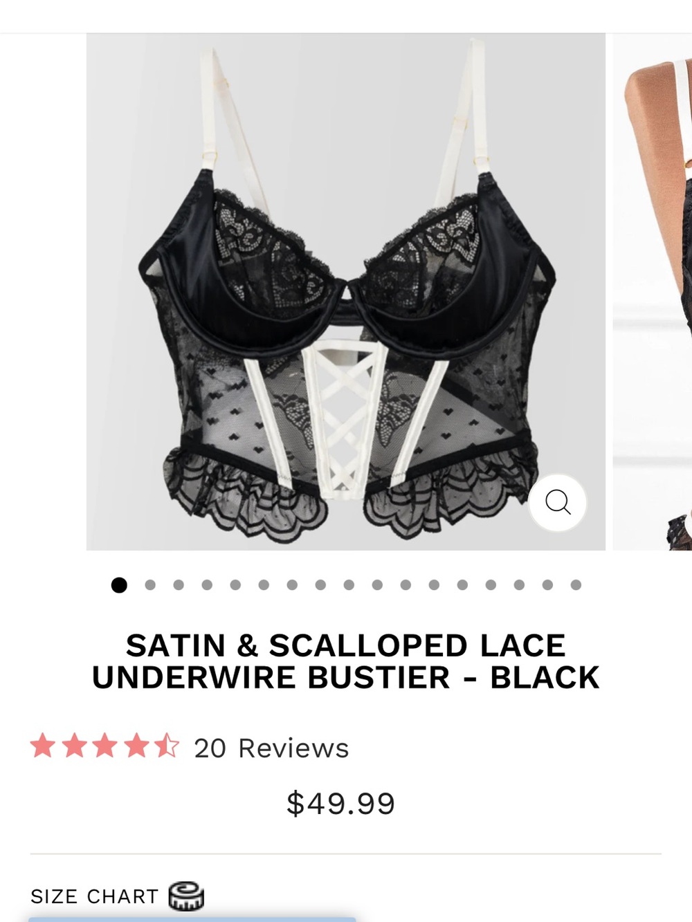 Satin & Scalloped Lace Underwire Bustier with Contrast Straps - Black/Cream